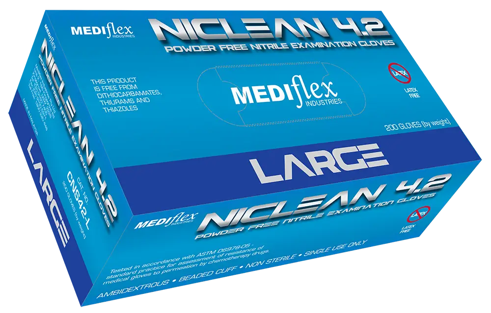Niclean large powder free nitrile gloves box by Mediflex with ambidextrous non-sterile gloves